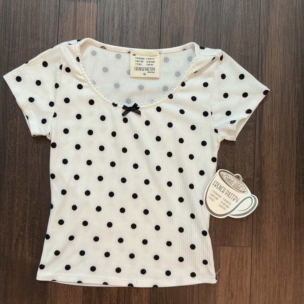French Pastry Top XS White Polka Dot Ribbed Lace Trim Bow Coquette Short Sleeve